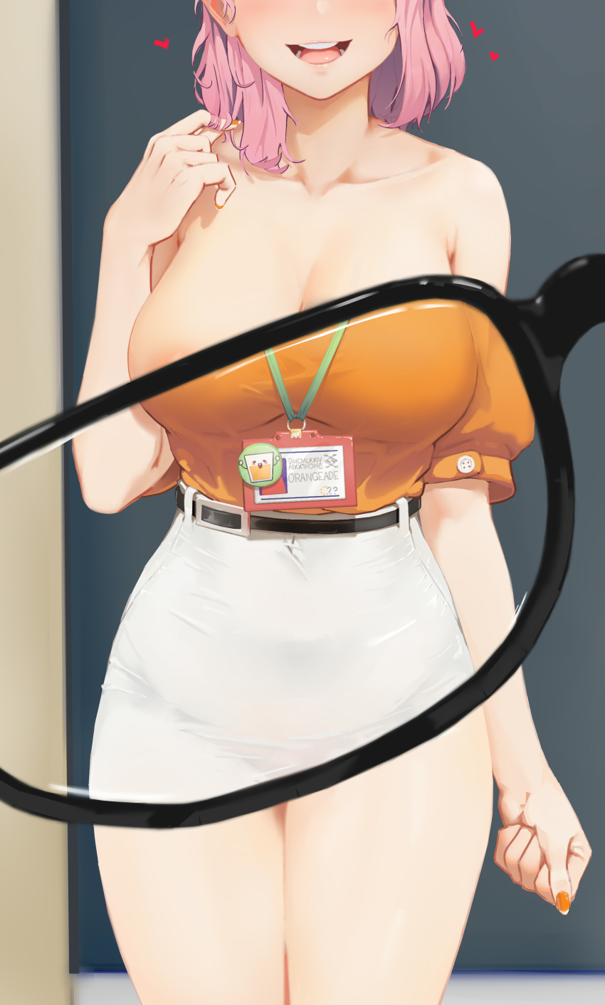 1girl absurdres areola_slip belt breasts cleavage glasses gm_orangeade greentree highres large_breasts last_origin nude orangeade_(last_origin) pink_hair skirt