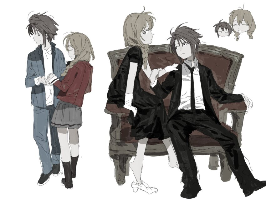 1boy 1girl barefoot black_dress black_jacket black_necktie black_pants black_socks blue_jacket blue_pants braid brown_hair brown_skirt character_request chibi chibi_inset copyright_request dress gloves highres holding_hands jacket long_sleeves looking_at_another low_twin_braids ma_fu necktie on_chair pants pleated_skirt red_jacket sitting skirt socks twin_braids white_background white_gloves