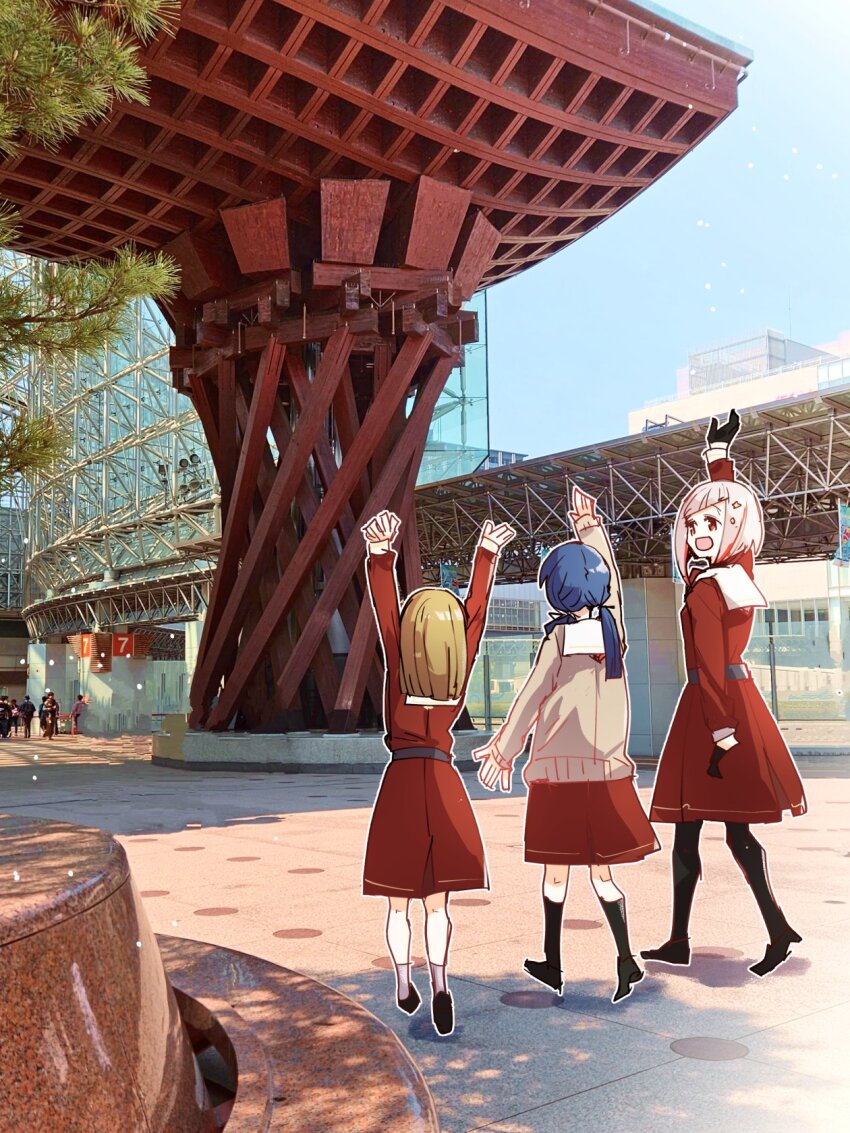 3girls :d arm_up arms_up black_gloves black_pantyhose black_socks blue_hair blunt_ends bob_cut brown_dress brown_hair commentary_request day dollchestra dress from_behind gloves grey_hair grey_socks hair_ornament half_gloves hasu_no_sora_school_uniform highres inverted_bob ishikawa_prefecture kachimachi_kosuzu kanazawa_station kanduki_kamibukuro link!_like!_love_live! long_hair long_sleeves looking_at_another love_live! medium_dress multicolored_hair multiple_girls murano_sayaka open_mouth outdoors pantyhose people photo_background pleated_dress red_eyes red_hair sailor_collar sailor_dress school_uniform shoes short_hair smile socks star_(symbol) star_hair_ornament straight_hair streaked_hair virtual_youtuber walking white_sailor_collar winter_uniform yugiri_tsuzuri