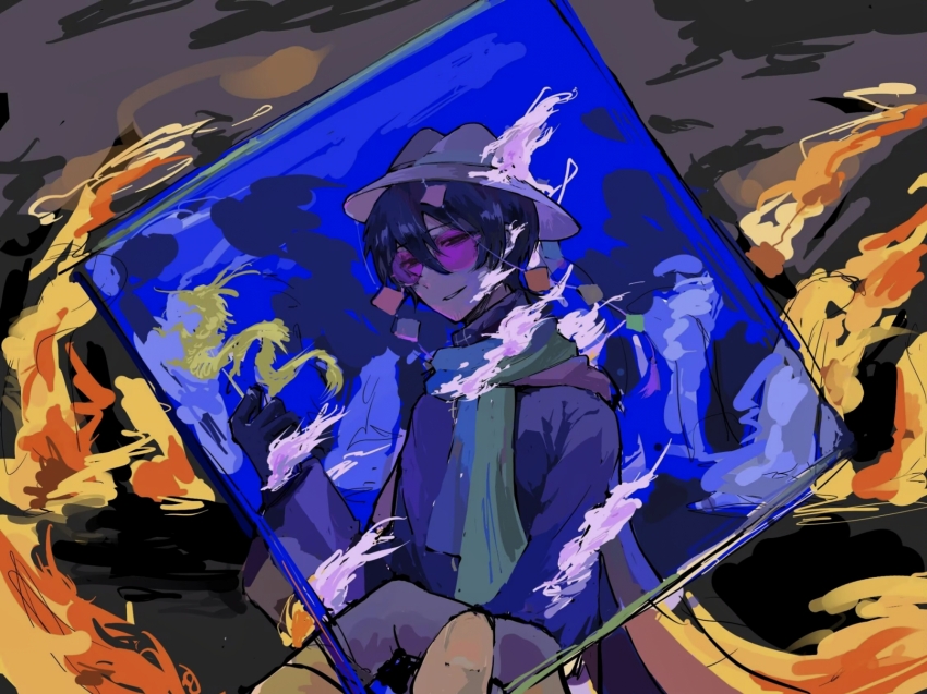 2boys black_hair black_shirt burning chinese_commentary closed_mouth commentary_request fire grey_hat hat highres holding huai_yunqing long_sleeves male_focus multicolored_scarf multiple_boys nzzzzzzz-ji pink-tinted_eyewear round_eyewear scarf shirt short_hair smile solo_focus tinted_eyewear touqi_guaitan upper_body ziche_fuzhao