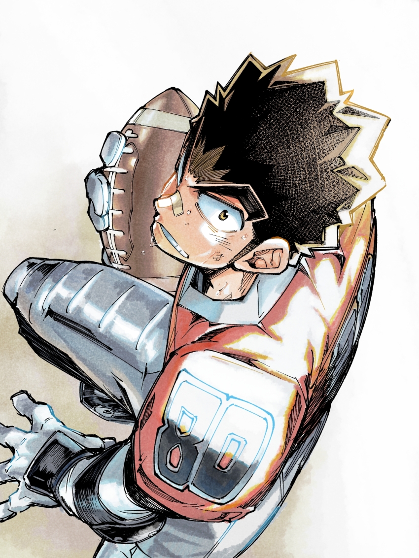 1boy american_football american_football_uniform ball bandaid bandaid_on_face bandaid_on_nose brown_eyes brown_hair eyeshield_21 gloves highres holding holding_ball looking_at_viewer male_focus raimon_tarou short_hair simple_background solo spiked_hair sportswear sweat takeuchi_(a3)