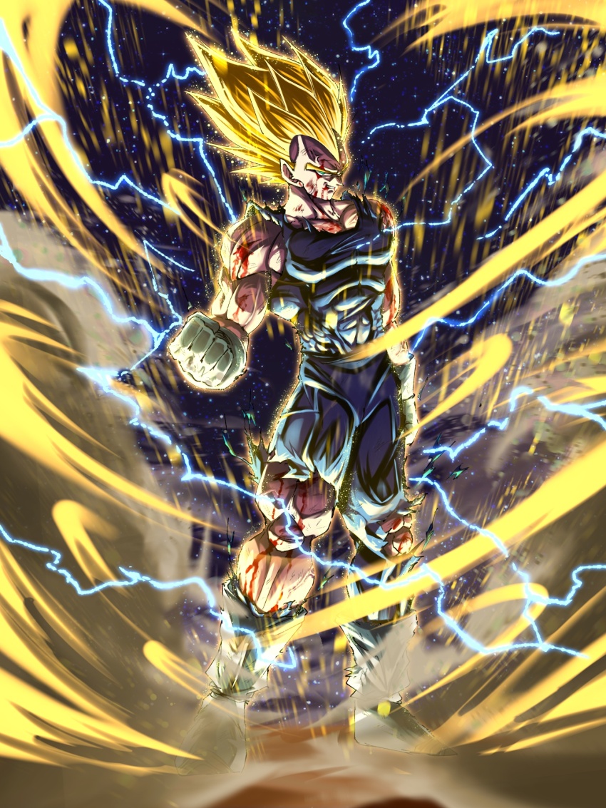 1boy aura blonde_hair blue_bodysuit bodysuit boots clenched_hand dragon_ball dragonball_z full_body gloves green_eyes highres majin_vegeta male_focus medium_hair neophyte_illust solo spiked_hair super_saiyan super_saiyan_2 torn_bodysuit torn_clothes vegeta white_boots white_gloves