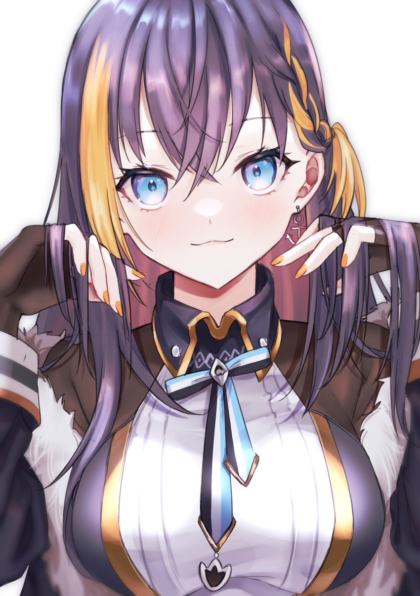 1girl :3 absurdres anchor_earrings black_gloves black_hair blue_eyes bow bowtie braid braided_bangs breasts closed_mouth collared_dress crossed_bangs dress earrings fingerless_gloves fur_trim gloves hair_behind_ear hair_between_eyes hands_up head_tilt highres jewelry light_blush long_hair long_sleeves looking_at_viewer medium_breasts multicolored_hair nail_polish nijisanji nijisanji_en orange_hair orange_nails peridot_(periperi_8) petra_gurin sanpaku simple_background single_earring smile solo two-tone_hair upper_body virtual_youtuber white_background