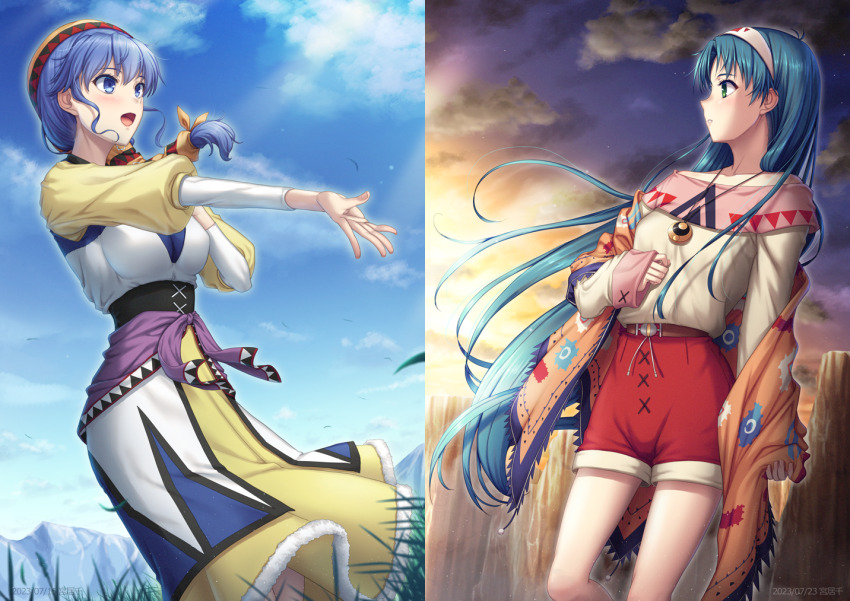 2girls bandana blue_eyes blue_hair breasts cloud dress grass hairband hat jewelry long_hair lucia_(lunar) luna_noah lunar lunar:_the_silver_star lunar_2:_eternal_blue medium_breasts miyai_sen mountain multiple_girls necklace open_mouth ponytail shorts smile