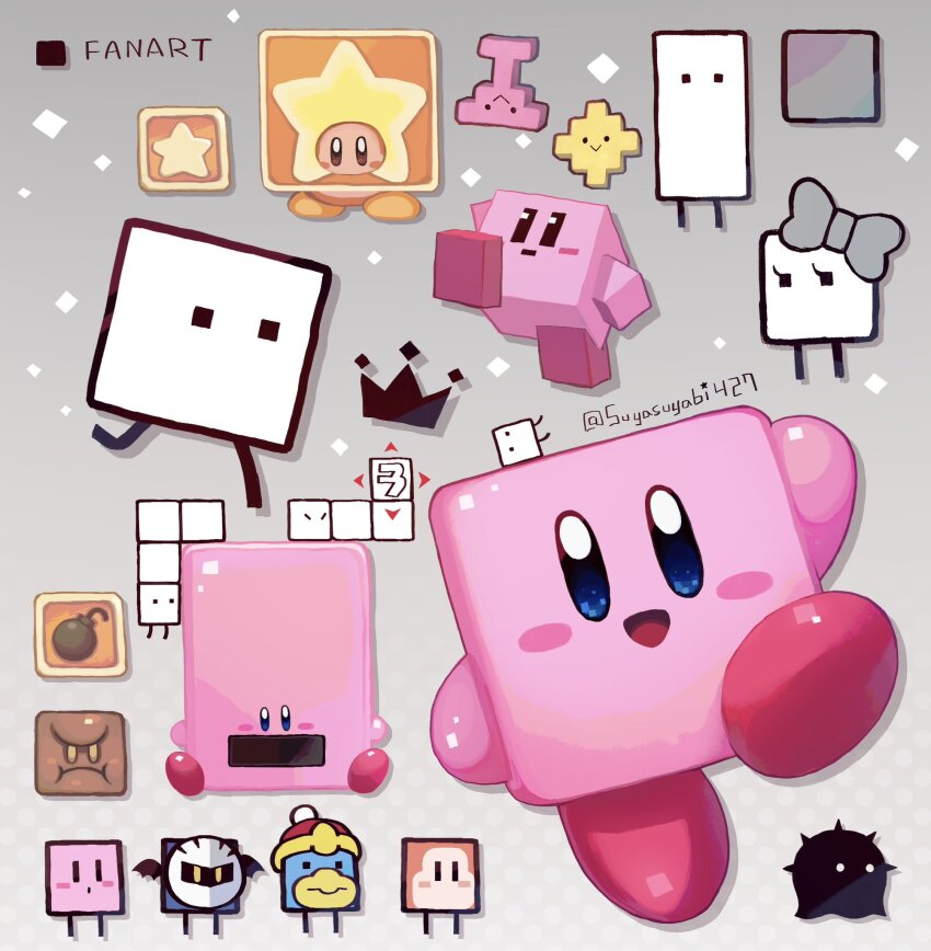 :&gt; :d :o arm_up blockin blush_stickers bomb_block bow boxboy! company_connection crossover crown eyelashes full_body grey_background grey_bow hat hb-002 hb-007 highres king_dedede kirby kirby&#039;s_dream_land_3 kirby_(series) kirby_and_the_forgotten_land mask meta_knight nintendo no_humans no_mouth open_mouth qbby qucy qudy red_hat sitting smile spiky_(boxboy!) square_eyes standing standing_on_one_leg star_block super_smash_bros. suyasuyabi twitter_username vending_machine vending_mouth waddle_dee wings yellow_eyes