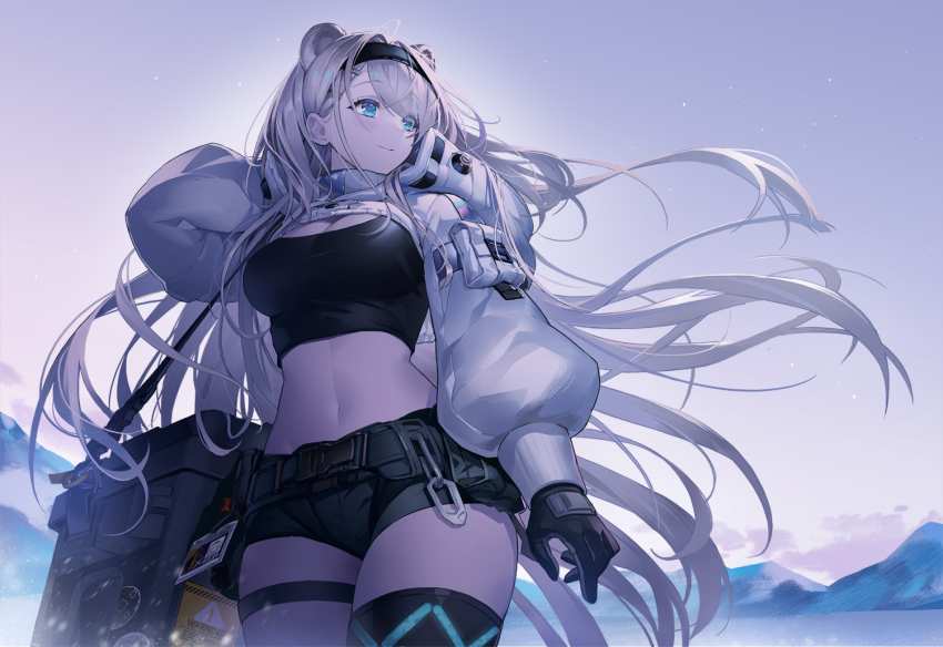 1girl animal_ears arknights aurora_(arknights) aurora_(elite_ii)_(arknights) bear_ears black_gloves black_shirt blue_eyes breasts cliffheart_(arknights) commentary commentary_request cowboy_shot crop_top elite_ii_(arknights) fur-trimmed_jacket fur_trim gloves grey_shorts horns infection_monitor_(arknights) jacket large_breasts long_hair long_sleeves matterhorn_(arknights) midriff navel outdoors shirt short_shorts shorts shrug_(clothing) sky smile solo standing stomach thighs very_long_hair white_hair zerg_(z79438659)