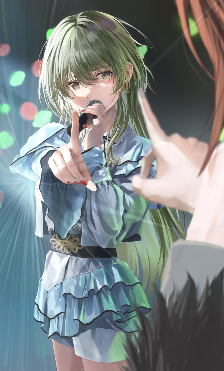 2girls absurdres aketa_mikoto belt black_belt black_ribbon blue_dress contest_winner dress green_eyes green_hair highres holding holding_microphone idol idolmaster idolmaster_shiny_colors index_finger_raised kitaugetu long_hair long_sleeves looking_at_another microphone multiple_girls nanakusa_nichika neck_ribbon pointing pointing_at_another red_nails ribbon solo_focus stage_lights wide_sleeves