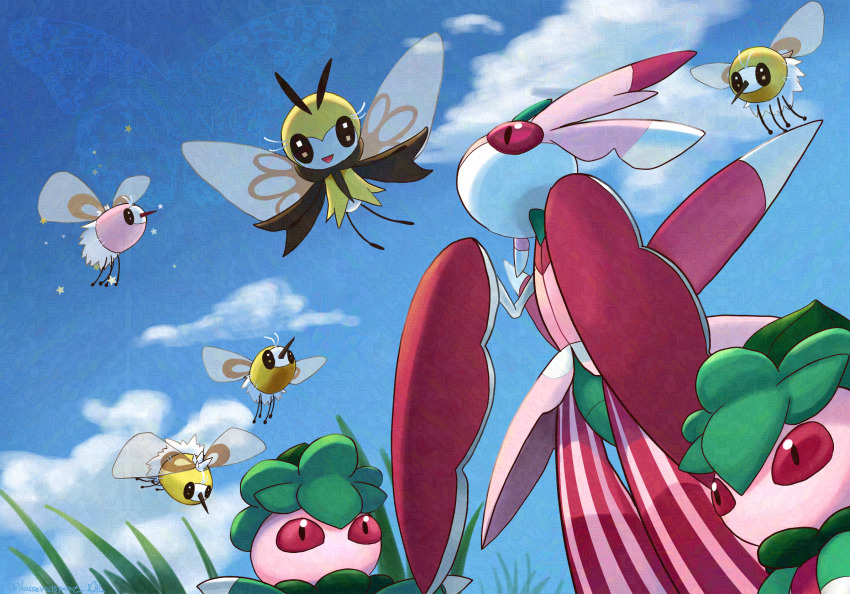 :d alternate_color cloud commentary_request cutiefly day fomantis game_freak gen_7_pokemon highres kasser1275paint looking_up lurantis nintendo open_mouth outdoors pokemon pokemon_(creature) ribombee shiny_pokemon sky smile star_(symbol) watermark
