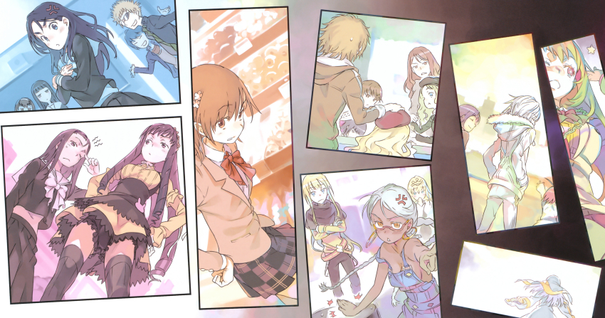 5boys 6+girls a_certain_high_school_uniform absurdres accelerator_(toaru_majutsu_no_index) anger_vein aogami_pierce belt black_hair black_pants black_skirt black_thighhighs blonde_hair blue_eyes blue_hair blue_overalls bow bowtie breasts brown_eyes brown_hair brown_hoodie brown_jacket cendrillon_(toaru_majutsu_no_index) child cleavage closed_eyes closed_mouth crossed_arms dark-skinned_female dark_skin denim expressionless feet_out_of_frame flower hair_flower fremea_seivelun frenda_seivelun from_behind from_below from_side fukiyose_seiri fur_trim gakuran grey_hair habit haimura_kiyotaka hair_flower hair_ornament hamazura_shiage hand_on_another&#039;s_head hand_up hands_on_own_hips highres himegami_aisa hood hoodie index_(toaru_majutsu_no_index) jacket kinuhata_saiai kumokawa_maria kumokawa_seria last_order_(toaru_majutsu_no_index) light_blush long_hair long_sleeves maid marian_slingeneyer medium_breasts medium_hair miniskirt misaka_mikoto mjolnir_(toaru_majutsu_no_index) mugino_shizuri multiple_boys multiple_girls naked_overalls novel_illustration nun official_art one_eye_closed open_mouth orange_belt orange_eyes outstretched_arm overalls pants pleated_skirt pointing pointing_at_viewer red-framed_eyewear red_bow red_bowtie red_headwear ringlets school_uniform semi-rimless_eyewear shirt shokuhou_misaki short_hair siblings sideboob sisters skirt sparkling_eyes spiked_hair star_(symbol) sunglasses symbol-shaped_pupils t-shirt takitsubo_rikou thighhighs thighs thor_(toaru_majutsu_no_index) toaru_majutsu_no_index toaru_majutsu_no_index:_new_testament tokiwadai_school_uniform tsuchimikado_motoharu upper_body v-shaped_eyebrows very_long_hair white_bow white_bowtie white_flower white_hair white_headwear white_hoodie white_pants white_shirt yellow_shirt yellow_sleeves yoshikawa_kikyou zettai_ryouiki