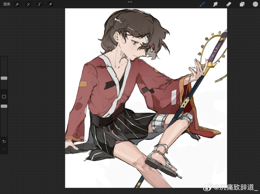 1other ametsukana_yago androgynous bandage_over_one_eye black_hakama brown_eyes brown_hair brown_sandals chinese_commentary closed_mouth commentary_request corallo fingernails foot_out_of_frame hakama hakama_short_skirt hakama_skirt hand_on_ground highres holding holding_sword holding_weapon japanese_clothes kimono knee_pads len&#039;en long_sleeves medium_hair other_focus patchwork_clothes procreate_(medium) procreate_(software) red_kimono sandals short_kimono simple_background single_knee_pad sitting skirt smile solo sword thigh_strap watermark weapon weibo_watermark white_background wide_sleeves
