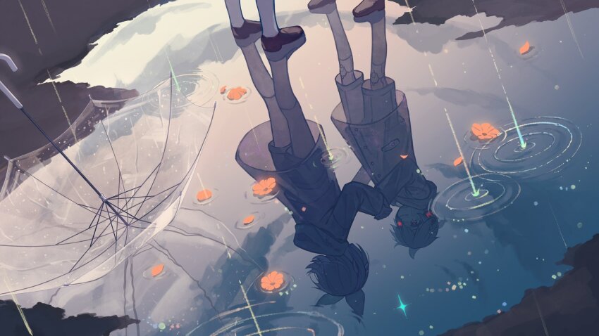 bow brown_shoes eob flower hair_bow highres holding_hands kagamine_len kagamine_rin kneehighs long_sleeves medium_hair one_eye_covered orange_flower puddle rain raincoat reflection shoes shorts socks standing transparent transparent_umbrella umbrella vocaloid water_drop white_socks