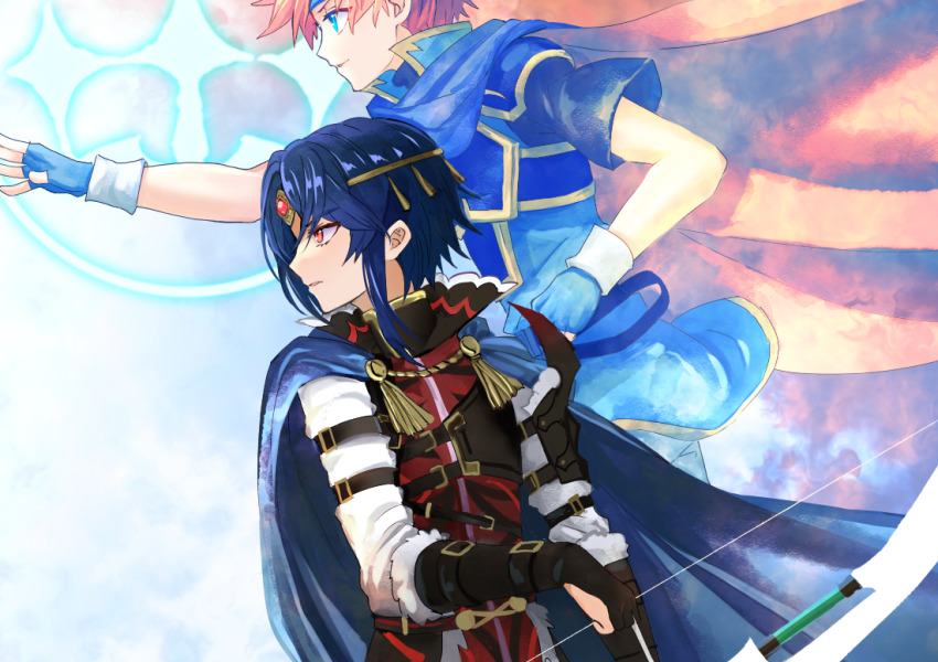 2boys alcryst_(fire_emblem) armor blue_eyes blue_hair bow_(weapon) cape fingerless_gloves fire_emblem fire_emblem_engage gloves headband holding holding_bow_(weapon) holding_weapon multiple_boys nintendo open_mouth red_eyes red_hair roy_(fire_emblem) shoochiku_bai short_hair weapon