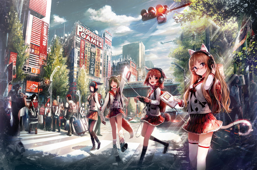 6+boys 6+girls :d ^_^ ad animal_ears antennae arm_up backpack bag bare_legs beats_by_dr._dre black_hair black_pants black_socks blinky_(pac-man) blue_sky blush boots brown_footwear brown_hair building buttons cable cat_ears cat_tail city city_lights closed_eyes clothes_writing cloud crosswalk crowd dark_skin day faceless faceless_male famicom fox_ears fox_tail game_boy game_boy_(original) game_console glasses handheld_game_console headphones knee_boots kneehighs lamppost light_rays loafers long_sleeves looking_at_viewer loose_socks multiple_boys multiple_girls open_mouth orange_hair original outdoors pac-man_(game) pants pantyhose pleated_skirt randoseru red-framed_eyewear red_hair red_skirt road running school_uniform semi-rimless_eyewear serafuku shadow shirakaba shirt shoes short_hair short_sleeves skirt sky skyscraper smile socks standing street sunglasses sunlight t-shirt tail thighhighs trolley under-rim_eyewear white_legwear white_shirt xbox_(original) zettai_ryouiki