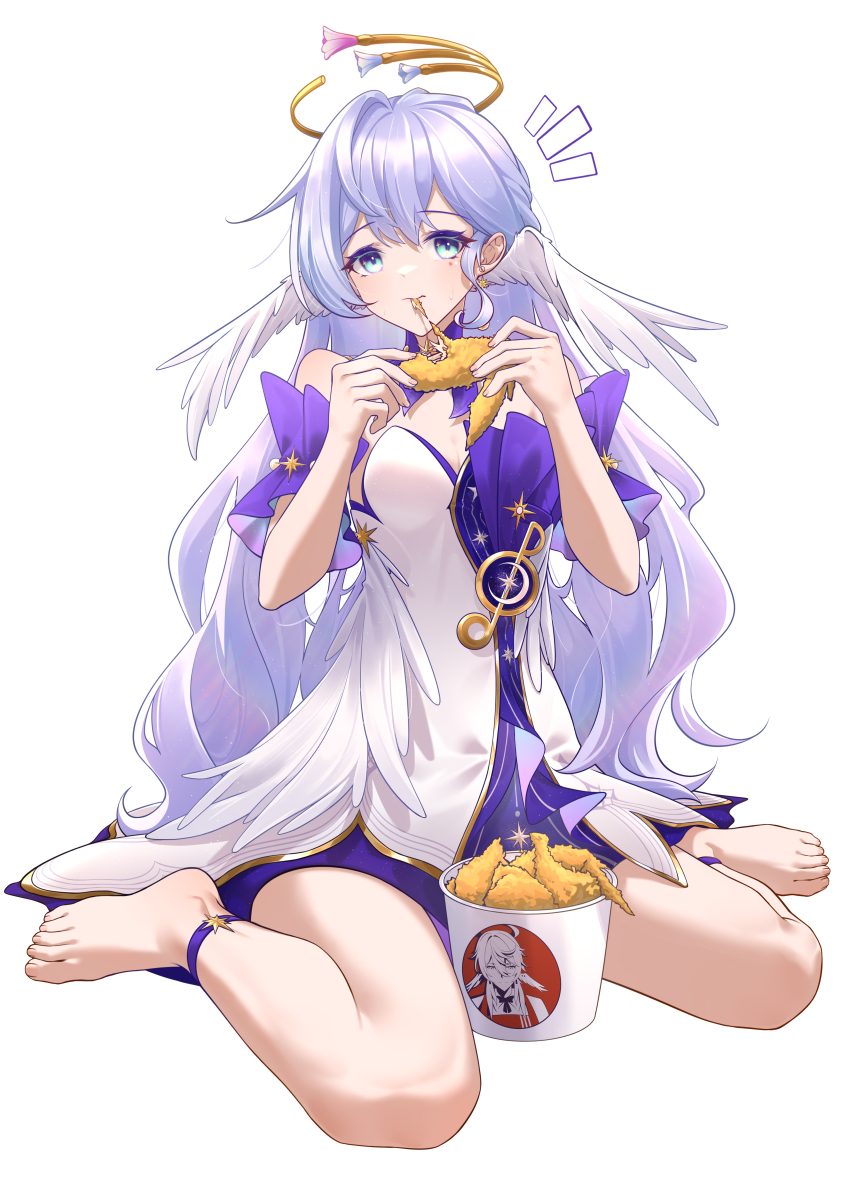 1girl absurdres ankle_strap barefoot breasts bucket_of_chicken chan_sang chicken_(food) chicken_wing collar detached_sleeves dress earrings face_jewel food fried_chicken full_body green_eyes halo hands_up head_wings highres honkai:_star_rail honkai_(series) invisible_floor jewel_under_eye jewelry kfc long_hair looking_at_viewer medium_breasts musical_note_ornament notice_lines product_placement purple_collar purple_dress purple_hair purple_sleeves robin_(honkai:_star_rail) simple_background sitting solo strapless strapless_dress toenails two-tone_dress wariza white_background white_dress white_wings wings