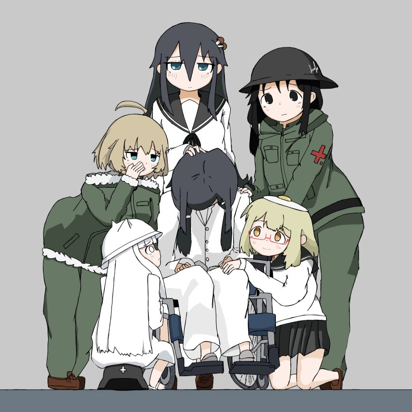 52_1hz 6+girls absurdres ahoge animal_hat black_eyes black_sailor_collar blonde_hair blue_eyes brodie_helmet cat_hat chito_(shoujo_shuumatsu_ryokou) coat combat_helmet creator_connection crossover egg_hair_ornament egg_yolk fine_art_parody food food-themed_hair_ornament food_on_head fried_egg glasses green_coat green_pants hair_ornament hand_on_another&#039;s_head hat head_bowed helmet highres jitome kneeling lab_coat military_uniform multiple_girls mushroom object_on_head pants parody pleated_skirt red-framed_eyewear sailor_collar semi-rimless_eyewear shimeji_simulation shoujo_shuumatsu_ryokou skirt the_gardener_(shimeji_simulation) tsukishima_shijima tsukishima_shijima&#039;s_sister wheelchair white_hair yuuri_(shoujo_shuumatsu_ryokou)