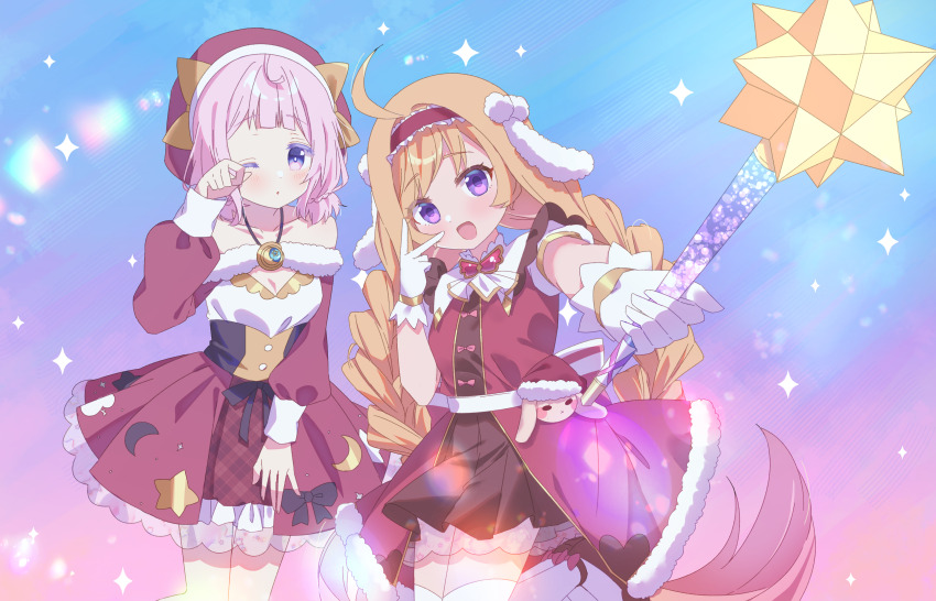 2girls absurdres ahoge bare_shoulders belt beret blonde_hair blue_eyes braid collarbone cowboy_shot dress hairband hat highres holding holding_wand long_hair long_sleeves looking_at_viewer low_twin_braids low_twintails magia_record:_mahou_shoujo_madoka_magica_gaiden mahou_shoujo_madoka_magica mai_akari multiple_girls off-shoulder_dress off_shoulder one_eye_closed open_mouth puffy_long_sleeves puffy_sleeves red_dress red_hairband red_hat rubbing_eyes ruru_(rurumagi) short_twintails sidelocks smile twin_braids twintails very_long_hair wand white_belt yura_hotaru