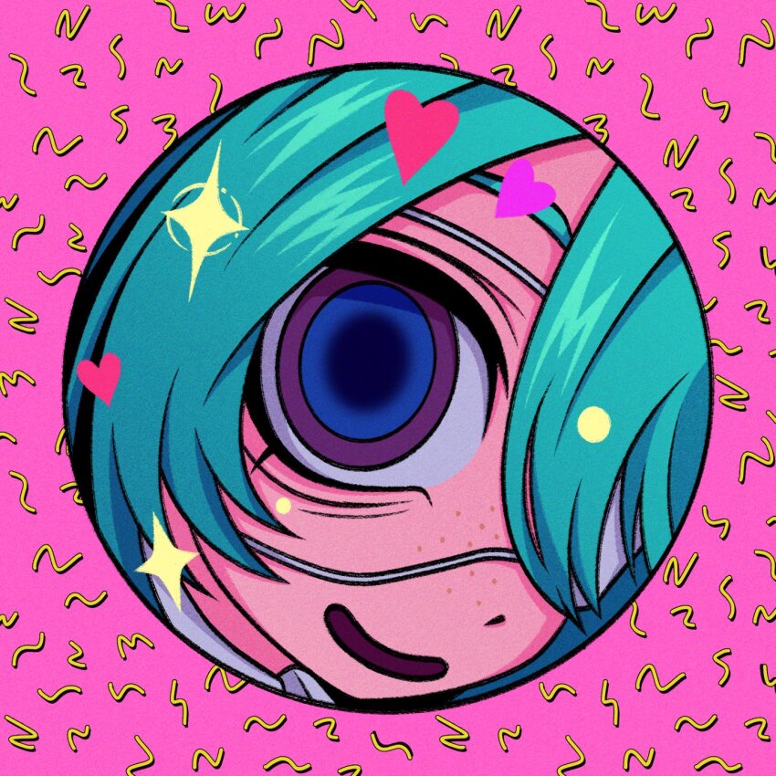 1girl blue_eyes blue_hair close-up cryptidhermit eyelashes eyepatch fisheye freckles hatsune_miku heart highres looking_at_viewer medical_eyepatch monitoring_(vocaloid) pink_background pov_peephole solo sparkle vocaloid