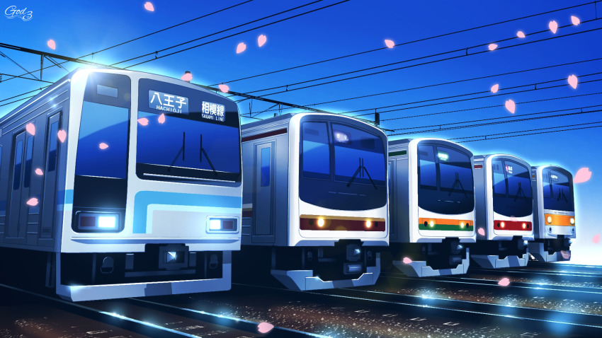 bloom blue_sky cherry_blossoms east_japan_railway_company falling_petals god-kami3 graduation headlight_beam highres japan_railways jr_205_series multiple_unit_train no_humans original outdoors overhead_line petals pink_petals power_lines railroad_tracks scenery simple_background sky solo train vehicle_focus wipers