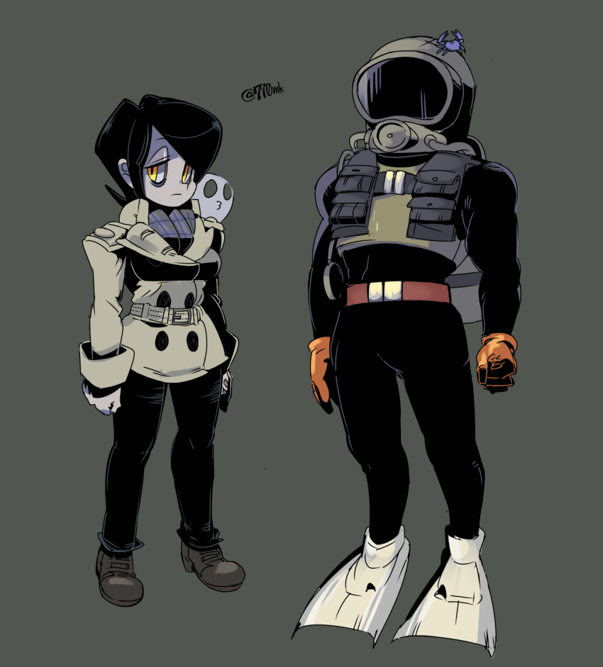 1boy 1girl 770mk arms_at_sides bags_under_eyes belt black_bodysuit black_hair black_pants black_vest blue_scarf bodysuit brown_coat buttons coat colored_skin covered_face crab_on_head diving_suit double-breasted flippers full_body ghost gloves green_background grey_skin half-closed_eyes highres impossible_clothes long_sleeves looking_at_viewer looking_to_the_side orange_gloves original pants plaid_clothes plaid_scarf red_belt scarf scuba_gear scuba_tank short_hair simple_background sleeve_cuffs standing swept_bangs twitter_username vest wetsuit yellow_eyes