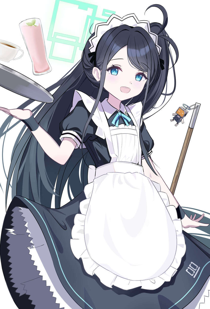 1girl absurdres aqua_halo aris_(blue_archive) black_hair blue_archive blue_eyes halo highres looking_at_viewer maid open_mouth rectangular_halo short_sleeves simple_background skirt smile solo wasi