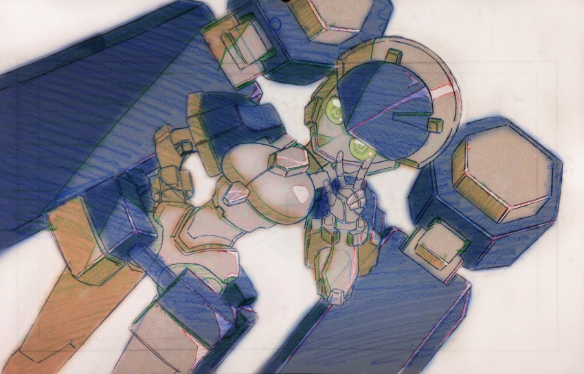 1girl android belt blazermate green_eyes hand_on_own_hip humanoid_robot joints mechanical_hair medarot no_mouth no_nose o-ring o-ring_belt robot robot_girl robot_joints solo twintails v yuukami_(wittsu)