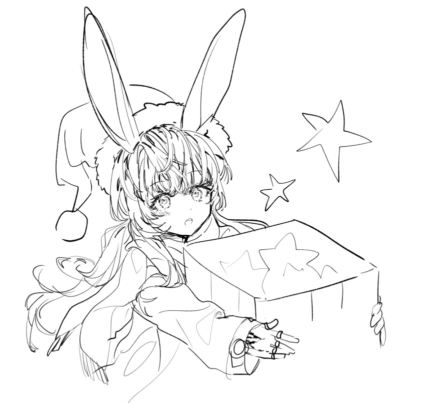 1girl 414_(hncx3355) amiya_(arknights) arknights fur-trimmed_headwear fur_trim greyscale hat highres hood hood_down hooded_jacket jacket jewelry long_hair long_sleeves looking_at_viewer low_twintails monochrome open_clothes open_jacket open_mouth ring santa_hat shirt simple_background sketch sleeves_past_wrists solo star_(symbol) teeth twintails upper_teeth_only very_long_hair white_background