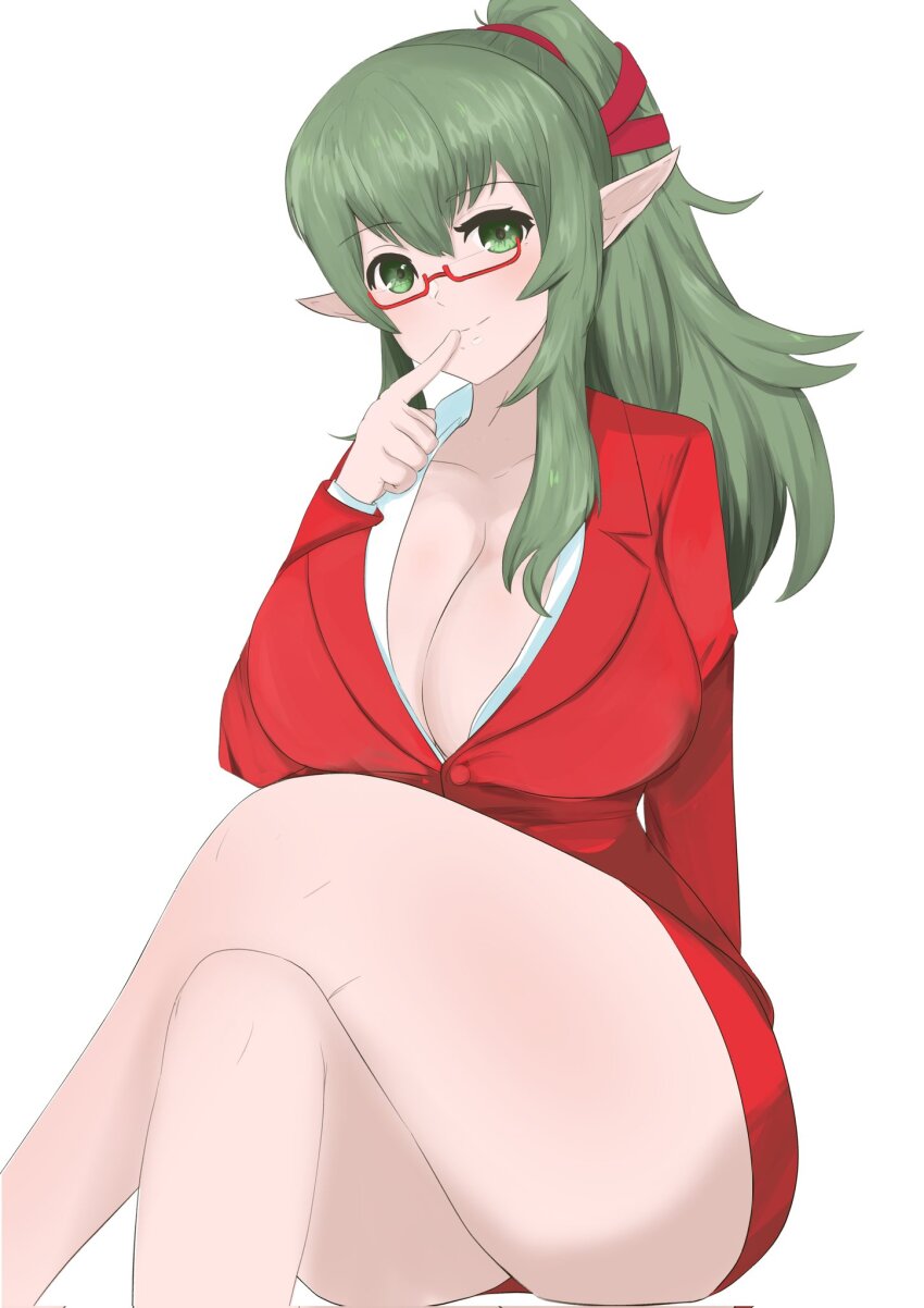 arm_support breasts cleavage crossed_legs finger_to_mouth fire_emblem fire_emblem_awakening formal_clothes green_eyes green_hair highres huge_breasts looking_at_viewer nintendo office_lady orbiculare pointy_ears ponytail red-framed_eyewear red_suit shirt suit thick_thighs thighs tiki_(adult)_(fire_emblem) tiki_(fire_emblem) white_shirt