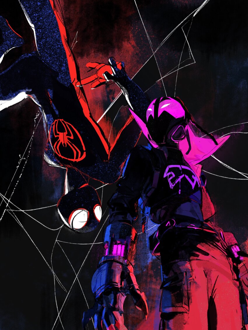 2boys absurdres black_bodysuit bodysuit clawed_gauntlets cropped_jacket dark_background dreadlocks dual_persona enduri glowing glowing_eyes highres jacket looking_at_another marvel mask miles_g._morales miles_morales multiple_boys prowler_(marvel) silk spider-man:_across_the_spider-verse spider-man_(miles_morales) spider-man_(series) spider-verse spider_web spoilers superhero_costume upside-down