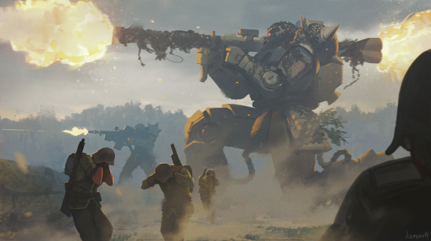 4boys absurdres artist_name assault_rifle backpack bag bazooka_(gundam) combat_helmet commentary covering_own_ears day dust_cloud english_commentary firing green_jacket green_pants gun gun_on_back gundam helmet highres holding holding_gun holding_weapon icemarv14 jacket mecha mecha_focus mobile_suit mobile_suit_gundam multiple_boys on_one_knee one-eyed outdoors pants red_eyes rifle robot science_fiction shoulder_spikes soldier spikes standing war weapon weapon_on_back zaku_ii zeon