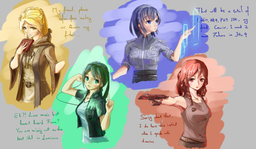 4girls aiming amarr_empire_(eve_online) arm_up bare_arms belt blonde_hair blue_eyes book braid breast_pocket breasts brown_belt brown_tank_top caldari_state_(eve_online) check_commentary collared_jacket commentary_request earphones english_text eve_online gallente_federation_(eve_online) green_eyes green_jacket grey_background grey_hair grey_shirt gun hair_between_eyes hand_up handgun hands_up highres holding holding_book holding_gun holding_weapon hologram holographic_touchscreen hood hood_down index_finger_raised jacket lexica light_blush long_hair looking_at_viewer medium_breasts medium_hair military_uniform minmatar_republic_(eve_online) multiple_girls open_clothes open_jacket open_mouth pocket red_eyes red_hair science_fiction shirt short_sleeves shoulder_boards sidelocks tank_top weapon yellow_eyes