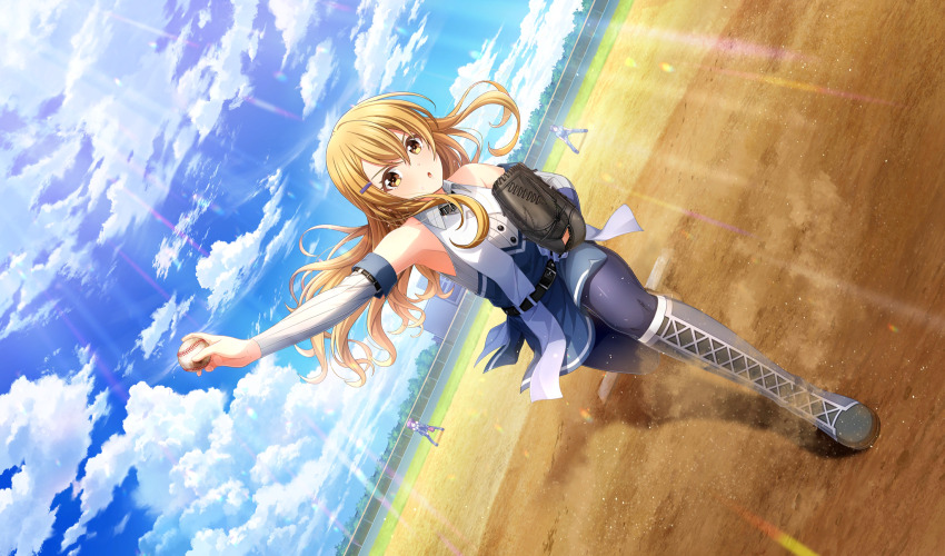 3girls arm_up ball baseball baseball_(object) baseball_glove baseball_stadium baseball_uniform belt belt_buckle black_belt black_pantyhose blonde_hair blue_shirt blurry boots buckle cinderella_series cloud depth_of_field detached_sleeves dress dust_cloud dutch_angle film_grain full_body game_cg grey_footwear grey_pants hachigatsu_no_cinderella_nine hair_ornament hairclip highres holding holding_ball kamabe_chiaki light_particles light_rays looking_at_viewer multicolored_dress multiple_girls non-web_source official_art oowada_sachi outdoors pants pantyhose parted_lips pitching playing_sports purple_hair scoreboard shirt sky sleeveless sleeveless_dress solo_focus sportswear standing sunbeam sunlight sweatdrop umpire v-shaped_eyebrows yellow_eyes