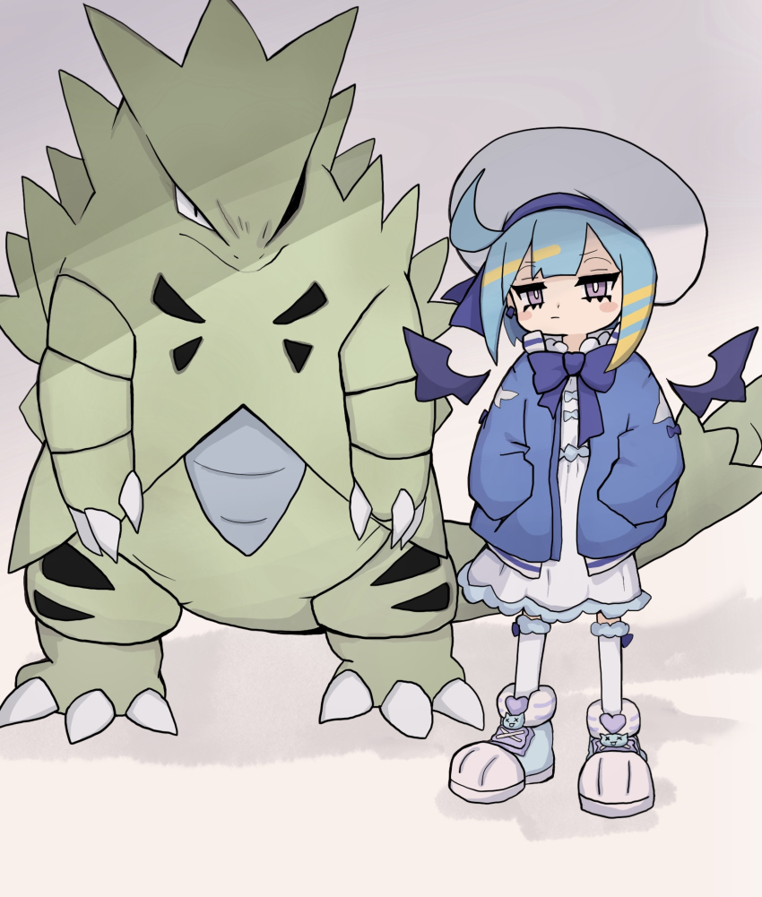 1girl 1other ahoge aqua_hair blue_jacket blush boots claws closed_mouth creatures_(company) crossover demon_girl demon_wings dress duel_monster full_body game_freak gen_2_pokemon glaring hands_in_pockets hat highres jacket lil-la_(yu-gi-oh!) live_twin_lil-la namakura_g nintendo pokemon pokemon_(creature) purple_eyes short_hair simple_background spikes tail tyranitar white_dress white_hat wings yu-gi-oh!
