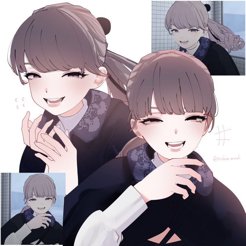 +++ 1girl absurdres commentary cyrilashnmsh english_commentary highres lapwing_(vrchat) laughing long_hair looking_at_viewer multiple_views open_mouth purple_eyes purple_hair screenshot_inset simple_background teeth twitter_username vrchat white_background