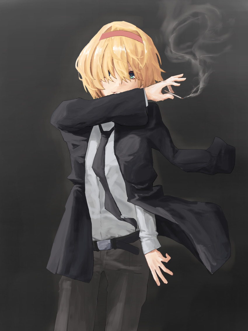 1girl alice_margatroid belt black_belt black_jacket black_necktie blazer cigarette commentary_request cookie_(touhou) cowboy_shot flat_chest green_eyes grey_background grey_pants grin hair_between_eyes hair_over_eyes hairband highres holding holding_cigarette jacket jacket_on_shoulders jigen_(cookie) long_necktie long_sleeves looking_at_viewer necktie pants red_hairband shirt short_hair smile smoke solo touhou white_shirt whiterolo