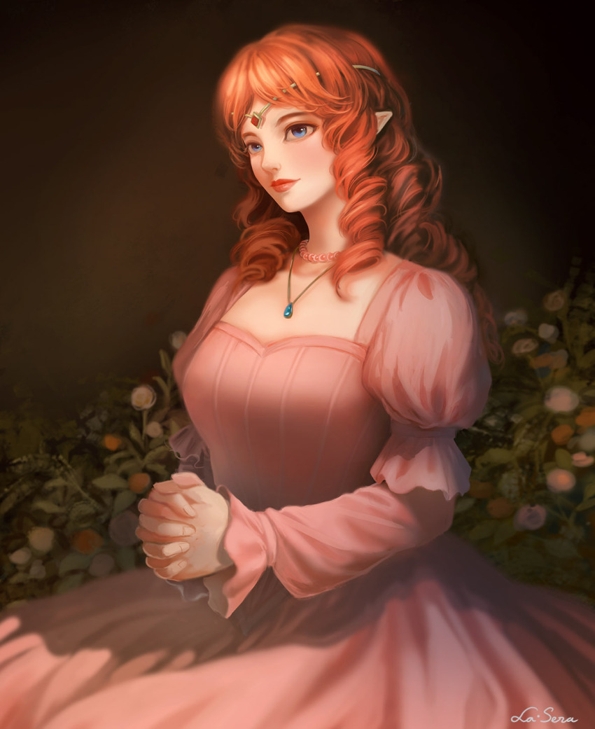 1girl blue_eyes breasts cleavage dress elf expressionless flower highres jewelry large_breasts long_hair long_sleeves medium_breasts necklace nintendo pink_dress pointy_ears princess_zelda red_hair solo the_legend_of_zelda tiara zelda_ii:_the_adventure_of_link