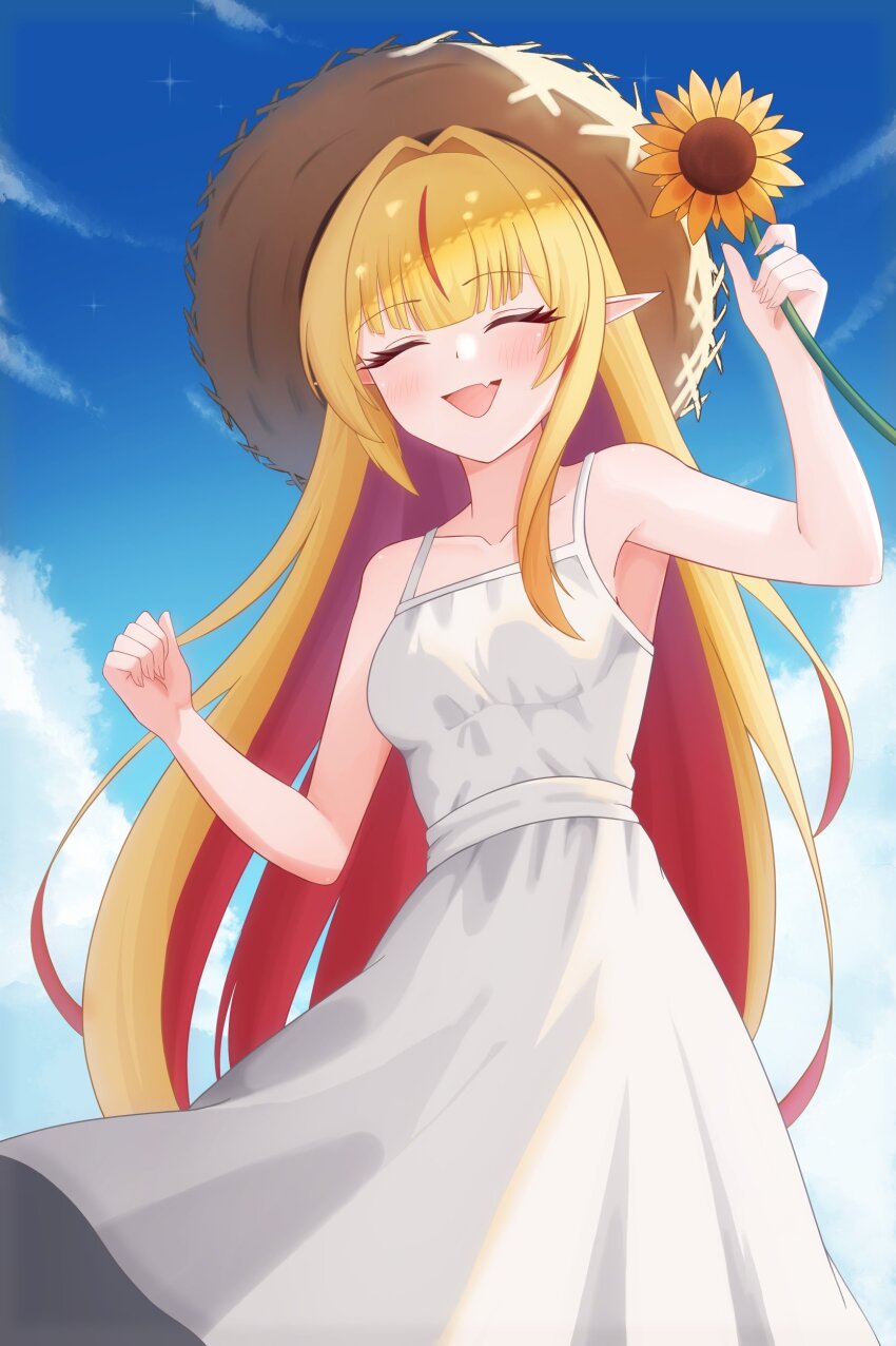 1girl absurdres blonde_hair blue_sky chromashift closed_eyes cloud colored_inner_hair dress dsuzu flower hair_intakes hat highres chromashift long_hair multicolored_hair open_mouth outdoors pointy_ears ruby_runeheart sky smile straw_hat streaked_hair sundress sunflower virtual_youtuber white_dress