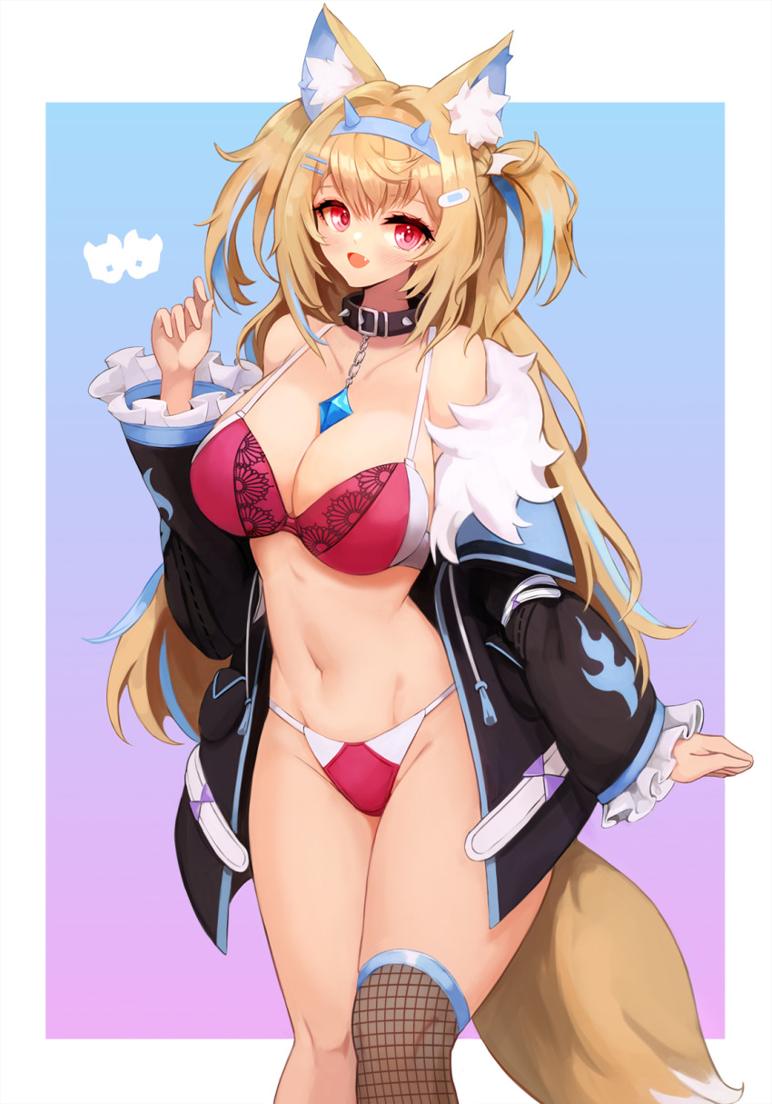 1girl animal_ear_fluff animal_ears bare_shoulders belt_collar black_collar black_jacket blonde_hair blue_background blue_hair bra breasts cleavage collar collarbone dog_ears dog_girl dog_tail fang frills fur-trimmed_jacket fur_trim fuwawa_abyssgard fuwawa_abyssgard_(1st_costume) hair_ornament hairclip headband highres hololive hololive_english jacket large_breasts long_hair looking_at_viewer multicolored_hair navel notte open_mouth panties red_eyes single_thighhigh skin_fang smile solo spiked_collar spikes streaked_hair tail thighhighs underwear virtual_youtuber