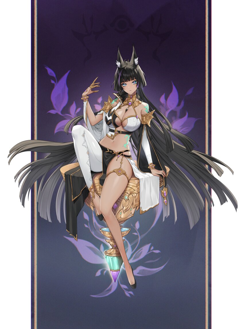 1girl absurdres animal_ears arm_support armor asymmetrical_clothes bare_shoulders belt black_hair black_socks blue_eyes breasts brooch check_copyright claw_ring cleavage cleavage_cutout clothing_cutout collar copyright_request detached_sleeves fox_ears gold_trim hand_up hibiwa highres jewelry large_breasts leg_up legs long_hair long_sleeves looking_at_viewer midriff multicolored_hair navel original parted_lips pauldrons pelvic_curtain revealing_clothes shoulder_armor single_leg_pantyhose sitting socks solo stomach streaked_hair thighlet thighs toe_cleavage very_long_hair