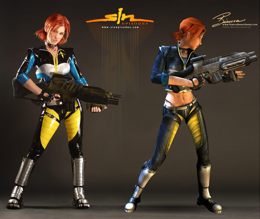 3d cosplay cosplay_photo full_body gun jessica_cannon photo_(medium) real_life red_hair sin_(game) twintails weapon