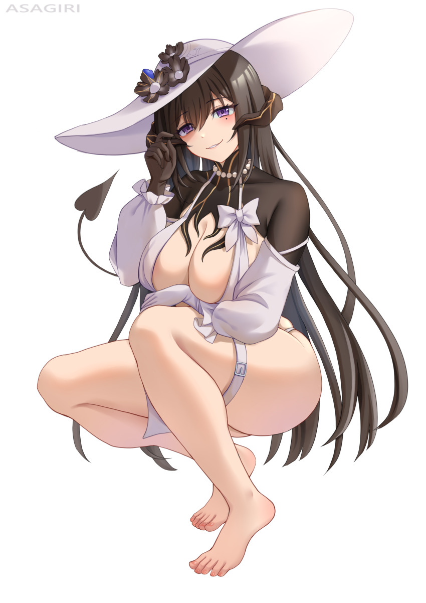 1girl absurdres asagiri_ai ass barefoot black_flower black_hair blush bow breasts commentary constance_(honkai:_star_rail) demon_horns demon_tail flower gloves hat hat_flower highres honkai:_star_rail honkai_(series) horns jewelry large_breasts long_sleeves mole mole_under_eye necklace pearl_necklace purple_eyes squatting sun_hat tail thigh_strap thighs white_background