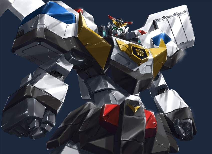 1990s_(style) blue_background car deckerd j-decker mecha motor_vehicle nana_g police_car retro_artstyle robot super_robot yuusha_keisatsu_j-decker yuusha_series
