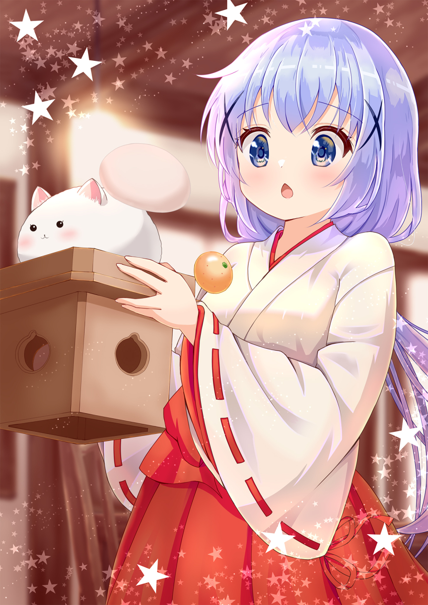 1girl :o angora_rabbit blue_hair blue_pupils bright_pupils chestnut_mouth creator_yo dot_nose falling food fruit gochuumon_wa_usagi_desu_ka? gradient_hair hair_between_eyes hair_ornament hair_tie highres holding indoors japanese_clothes kafuu_chino kagami_mochi light_blue_hair long_hair mandarin_orange miko mochi multicolored_hair purple_hair rabbit slice_of_life solo star_(symbol) surprised tippy_(gochiusa) tumbling very_long_hair wide_sleeves x_hair_ornament