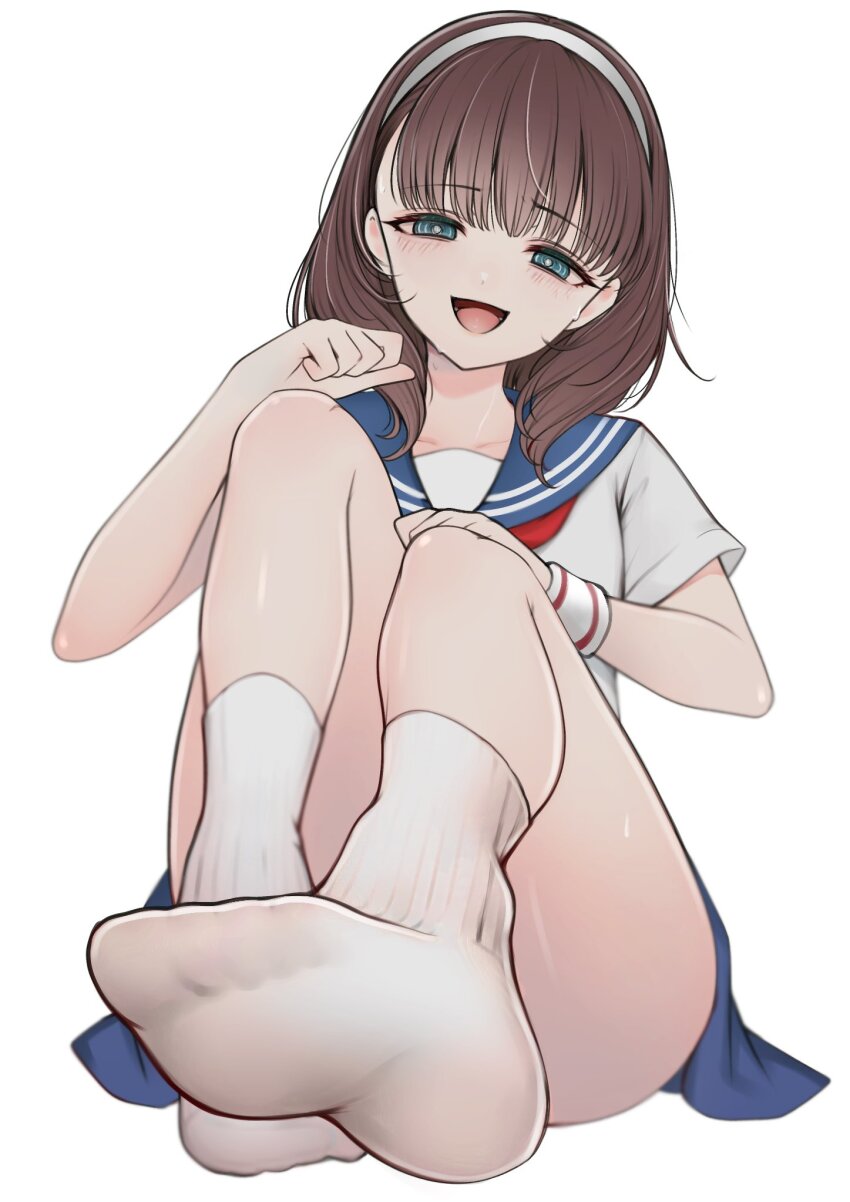 1girl aqua_eyes ass blush brown_hair collarbone commentary convenient_leg feet foot_focus highres idolmaster idolmaster_cinderella_girls knees_up looking_at_viewer medium_hair sakuma_mayu saltylemontea school_uniform serafuku short_sleeves simple_background sitting smile socks soles solo toes white_background white_socks