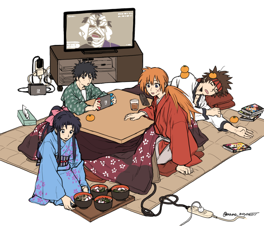 1girl 4boys absurdres bandaged_head bandages black_hair blue_kimono book brown_hair closed_eyes commentary_request cross_scar cup facial_scar floral_print floral_print_kimono food fruit full_body hair_ribbon hakama hakama_pants handheld_game_console headband high_ponytail highres himura_kenshin holding holding_handheld_game_console indoors japanese_clothes kamiya_kaoru kimono kotatsu long_hair long_sleeves looking_at_another low_ponytail lying mame_moyashi mandarin_orange multiple_boys myoujin_yahiko nintendo_switch obi on_side orange_hair pants pink_ribbon ponytail print_kimono red_headband red_kimono ribbon rurouni_kenshin sagara_sanosuke sash scar scar_on_cheek scar_on_face seiza shishio_makoto short_hair sidelocks sitting sleeping spiked_hair table television tissue_box wide_sleeves