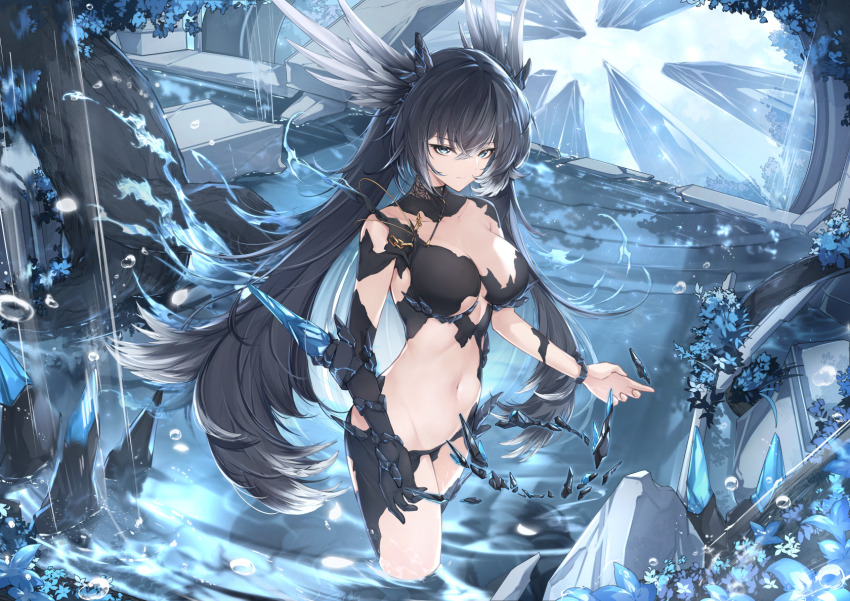 1girl armor bikini_armor black_bra black_hair blue_eyes blue_hair bra breasts cleavage crossed_bangs crystal fins hair_between_eyes head_fins highres ice large_breasts long_hair looking_at_viewer multicolored_hair navel original revealing_clothes rock solo standing stomach underwear very_long_hair wading water waterfall yue_ying_jin_feng