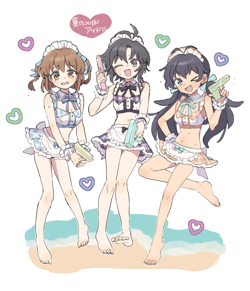 &gt;_o 3girls :d antenna_hair apron barefoot beach bikini black_hair blunt_ends breasts brown_hair cleavage collar detached_collar double-parted_bangs fang feet forehead full_body ganaha_hibiki hagiwara_yukiho heart highres holding holding_water_gun idolmaster idolmaster_(classic) idolmaster_million_live! idolmaster_million_live!_theater_days kikuchi_makoto long_hair maid maid_apron maid_bikini maid_headdress medium_breasts medium_hair microskirt multiple_girls navel ocean one_eye_closed open_mouth parted_bangs plaid_clothes plaid_skirt pnt_0202 short_hair skirt small_breasts smile standing swimsuit tearing_up toes translation_request twintails unconventional_maid v-shaped_eyebrows waist_apron water_gun wavy_mouth wet white_collar