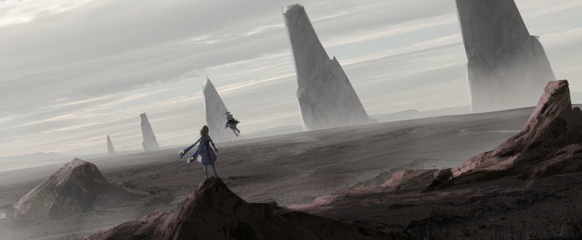 2girls absurdres bare_shoulders blonde_hair capelet day de4d_fish dress floating gauntlets genshin_impact halo highres lumine_(genshin_impact) multiple_girls outdoors paimon_(genshin_impact) scenery white_dress white_hair