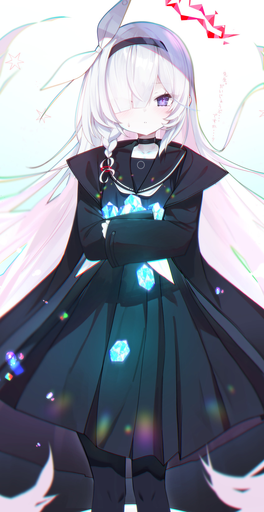 1girl absurdres black_choker black_coat black_hairband black_pantyhose black_sailor_collar black_serafuku black_shirt black_skirt blue_archive braid choker closed_mouth coat colored_inner_hair commentary feet_out_of_frame hair_over_one_eye hair_ribbon hairband halo highres kamiya_mitobe long_hair long_sleeves looking_at_viewer multicolored_hair neckerchief one_eye_covered open_clothes open_coat pantyhose pink_hair plana_(blue_archive) pleated_skirt purple_eyes pyroxene_(blue_archive) red_halo ribbon sailor_collar school_uniform serafuku shirt side_braid simple_background skirt sleeves_past_wrists solo standing straight-on sweatdrop very_long_hair white_background white_hair white_neckerchief white_ribbon