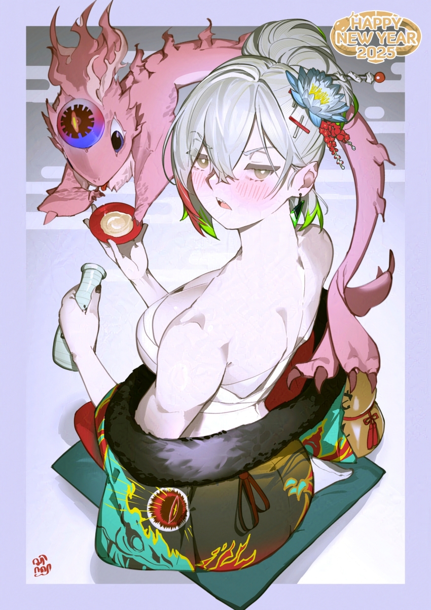 1girl absurdres alcohol alternate_costume alternate_hairstyle bandaged_chest bandages bottle breasts cleavage cup diabellstar_the_black_witch drunk duel_monster from_above green_eyes green_hair grey_hair highres japanese_clothes kimono large_breasts looking_up medium_hair multicolored_hair sakazuki sake sake_bottle sen-jou snake-eyes_poplar solo upper_body yu-gi-oh!