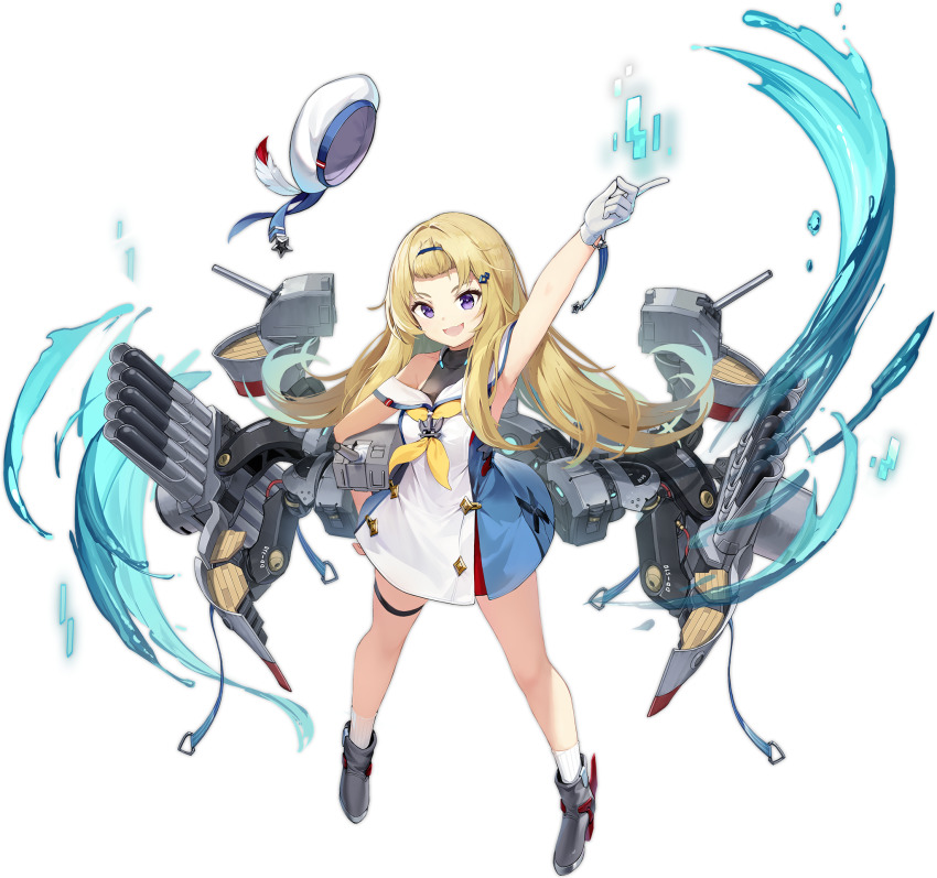 1girl alisa_(kuro_no_sakura) arm_up armpits azur_lane beret blonde_hair buttons charles_ausburne_(azur_lane) charles_ausburne_(retrofit)_(azur_lane) double-breasted full_body gloves grey_shoes hair_ornament hairclip hand_on_own_thigh hat headband highres long_hair multicolored_shoes neckerchief off_shoulder official_art open_mouth purple_eyes retrofit_(azur_lane) rigging sailor_collar school_uniform serafuku shoes smile solo thigh_strap torpedo_tubes transparent_background two-tone_shoes white_gloves yellow_neckerchief